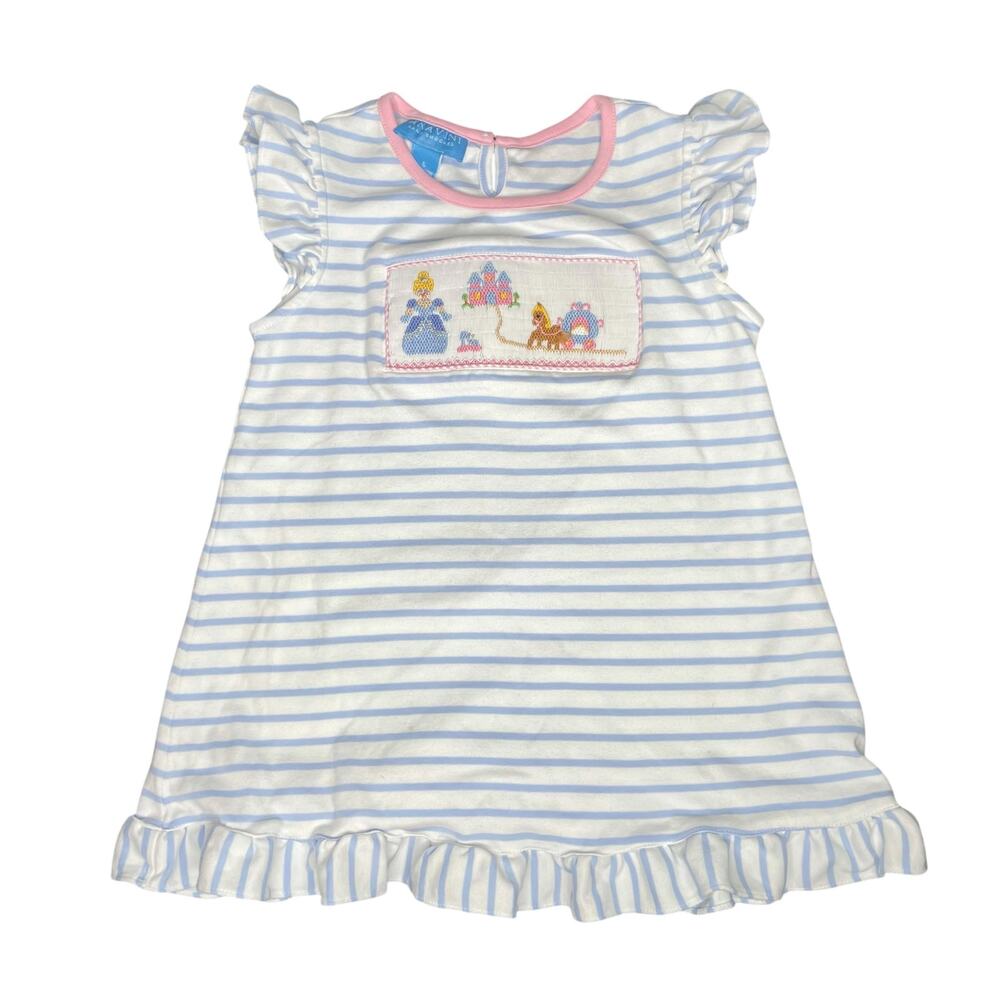 Anavini Cinderella Princess Hand Smocked Dress size 6 White Blue Stripes Pink